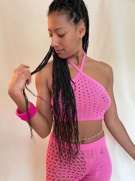  아바카시 민소매 티셔츠 니트 오픈워크 홀터 탑 - ABACAXI