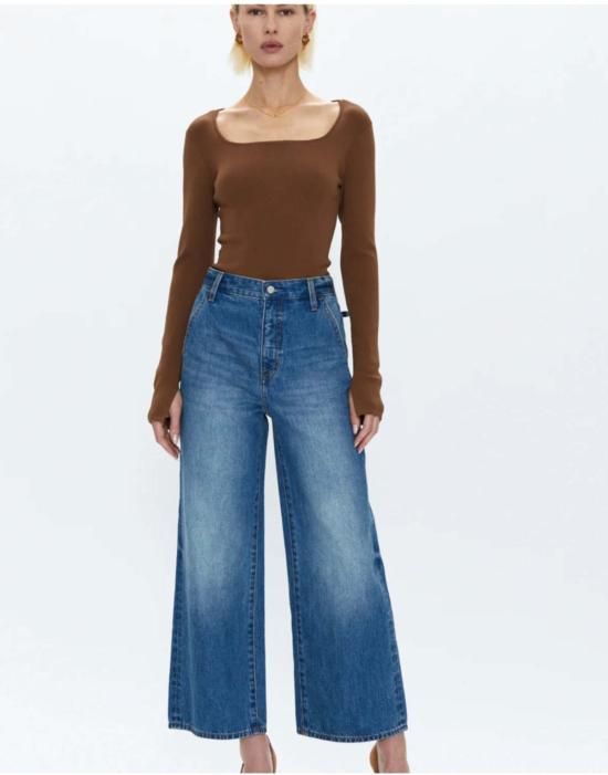  피스톨라 바디수트 티셔츠 제니 롱 슬리브 스퀘어넥 끈 팬티 바디수트 새들 - PISTOLA