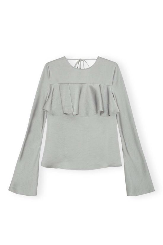  가니 블라우스 더블 비스코스 새틴 긴팔 러플 탑 미라지 그레이