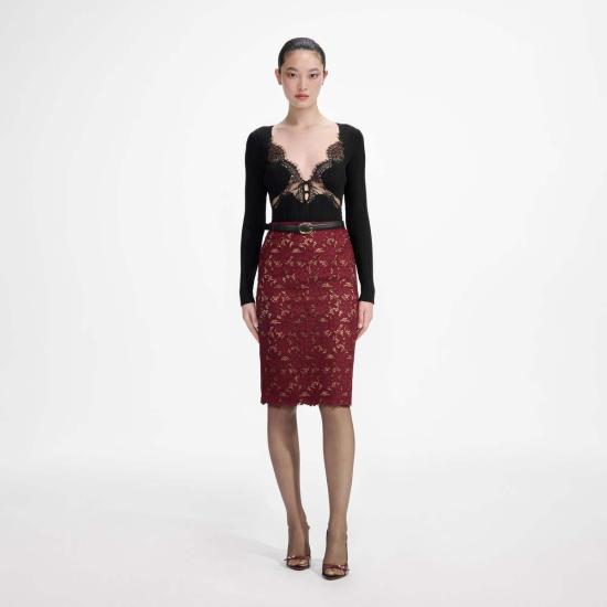  셀프 포트레이트 미디 스커트 기퓌르 레이스  버건디