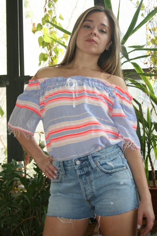  렘렘 블라우스 피에스타 오프숄더 탑 라벤더 스트라이프