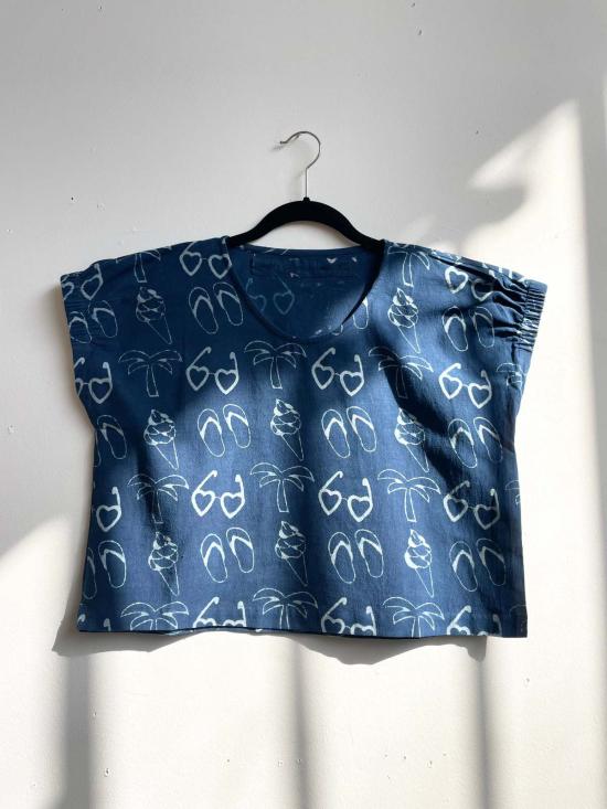  해피 프렌치 갱 블라우스 젤리아 캘리포니아 탑 인디고