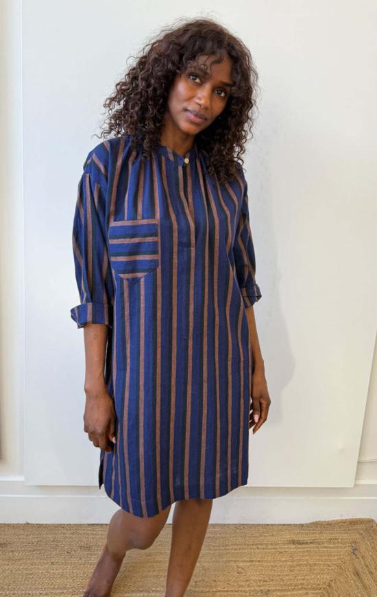  투 튜닉 두 줄 스트라이프 긴팔 버튼