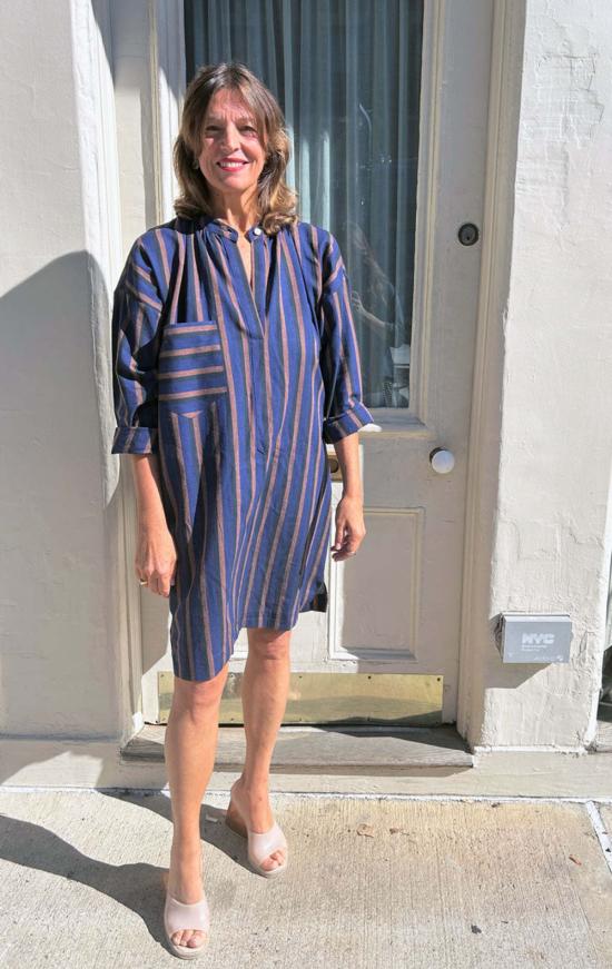  투 튜닉 두 줄 스트라이프 긴팔 버튼 - TWO