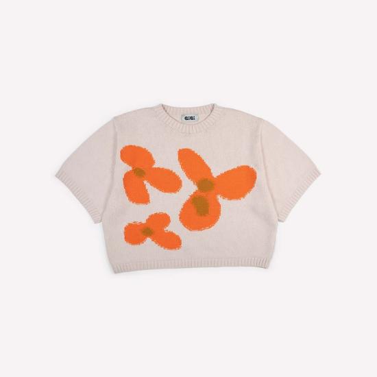  지지 니트웨어 반팔 티셔츠 플라워 코튼 니트 티셔츠 - GIGI KNITWEAR