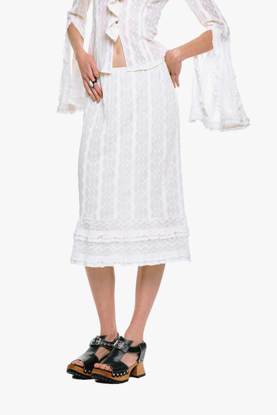  안나 수이 미디 스커트 플로럴 러플 스트레치 레이스 - ANNA SUI