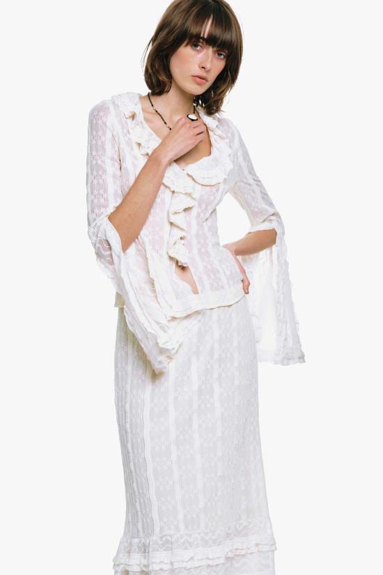  안나 수이 미디 스커트 플로럴 러플 스트레치 레이스 - ANNA SUI