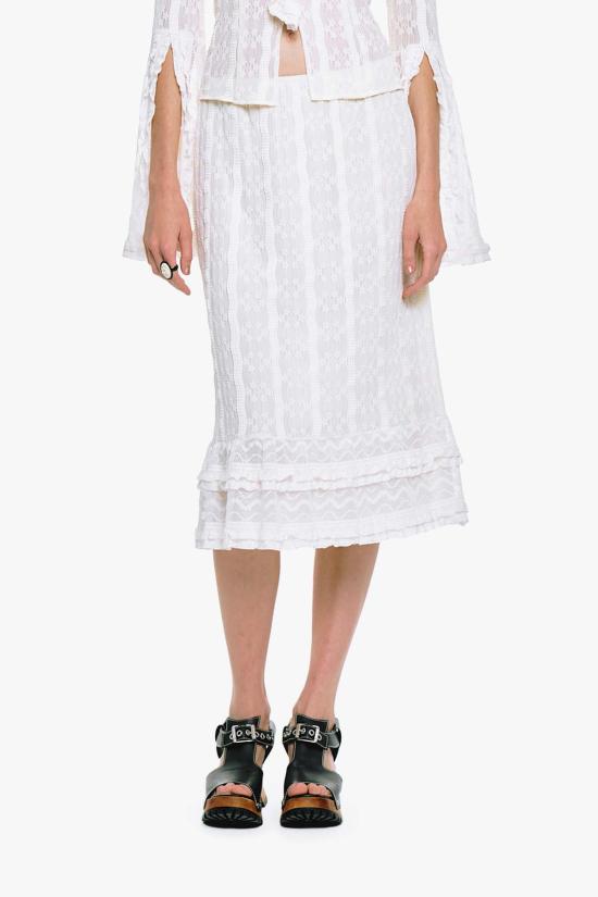  안나 수이 미디 스커트 플로럴 러플 스트레치 레이스