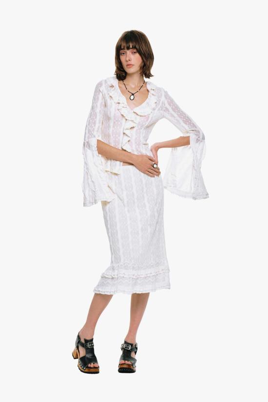  안나 수이 미디 스커트 플로럴 러플 스트레치 레이스 - ANNA SUI