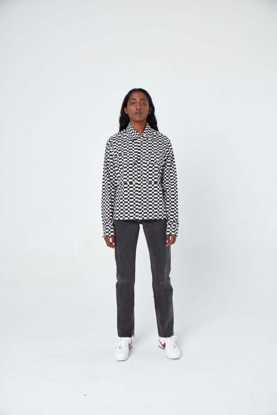  두샨트 데님 자켓 . 핸드 프린팅 소피아 오버셔츠 블랙/화이트 체크 트윌 - DUSHYANT