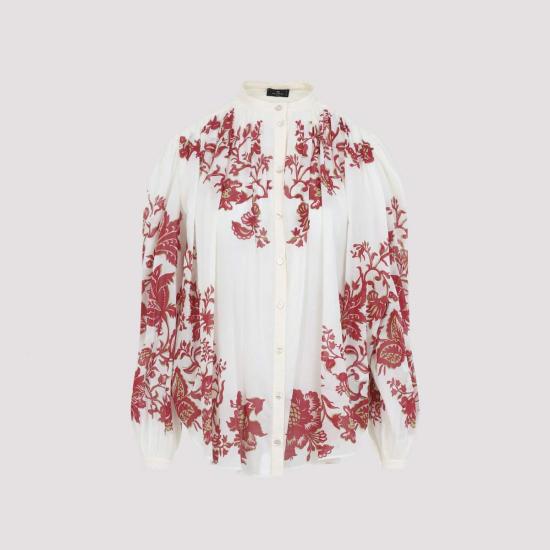  에트로 블라우스 플리츠 밴드 칼라 셔츠 멀티 화이트 - ETRO