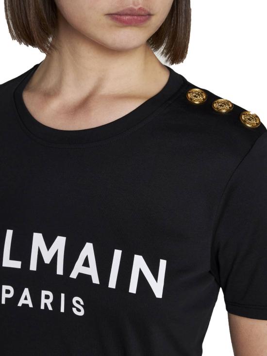  발망 반팔 티셔츠 로고 버튼 티셔츠 Eab 느와르 블랑 - BALMAIN