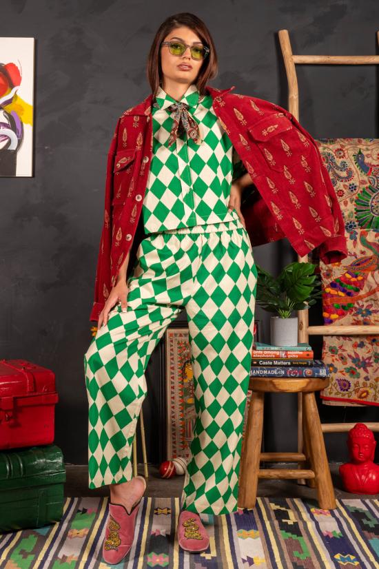  DUSHYANT. 스트레이트 팬츠 두샨트. 핸드 프린트 시마 팬츠 그린/베이지 마름모꼴 - OTHER BRANDS