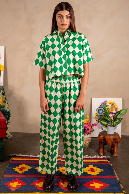  DUSHYANT. 스트레이트 팬츠 두샨트. 핸드 프린트 시마 팬츠 그린/베이지 마름모꼴 - OTHER BRANDS