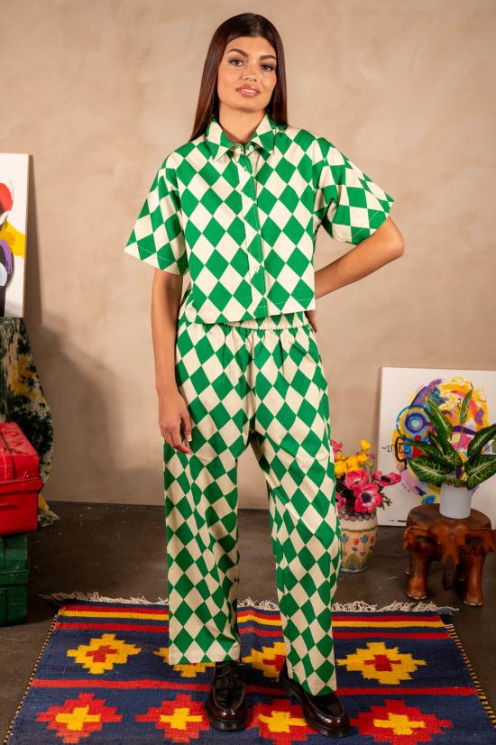  DUSHYANT. 스트레이트 팬츠 두샨트. 핸드 프린트 시마 팬츠 그린/베이지 마름모꼴 - OTHER BRANDS