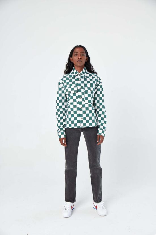  두샨트 데님 자켓 . 핸드 프린팅 소피아 오버셔츠 그린/화이트 체스보드 트윌 - DUSHYANT