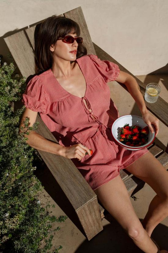  Whimsy + Row 반팔 티셔츠 윔지 + 로우 버디 탑 레드 깅엄 - OTHER BRANDS