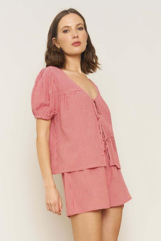  Whimsy + Row 반팔 티셔츠 윔지 + 로우 버디 탑 레드 깅엄 - OTHER BRANDS