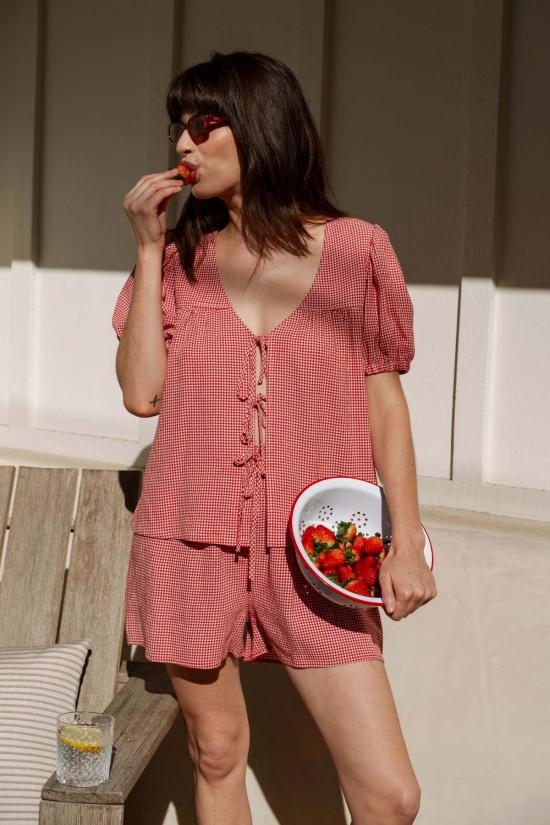  Whimsy + Row 반팔 티셔츠 윔지 + 로우 버디 탑 레드 깅엄