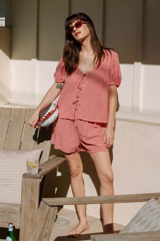  Whimsy + Row 반팔 티셔츠 윔지 + 로우 버디 탑 레드 깅엄 - OTHER BRANDS