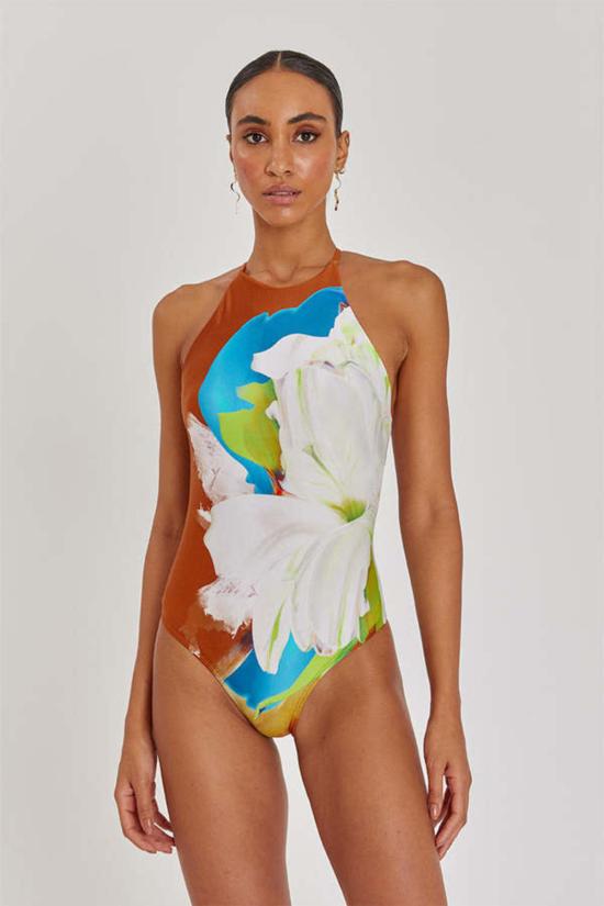  솔리드 앤 스트라이프 원피스 수영복 단색 및 줄무늬 코라 바텀 오렌지 나무 프린트