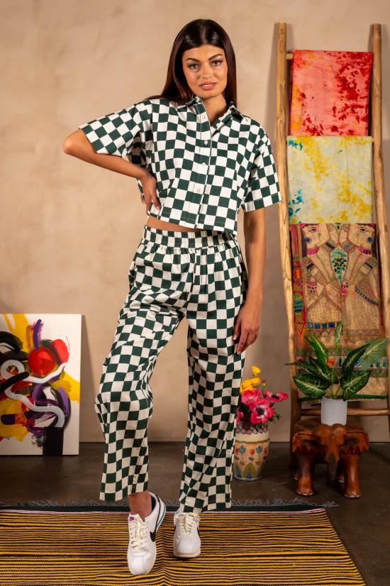  DUSHYANT. 스트레이트 팬츠 두샨트. 핸드 프린트 시마 팬츠 그린/화이트 체스판 무늬 - OTHER BRANDS