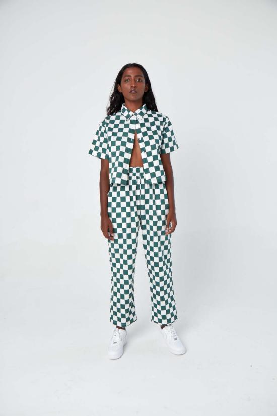  DUSHYANT. 스트레이트 팬츠 두샨트. 핸드 프린트 시마 팬츠 그린/화이트 체스판 무늬 - OTHER BRANDS