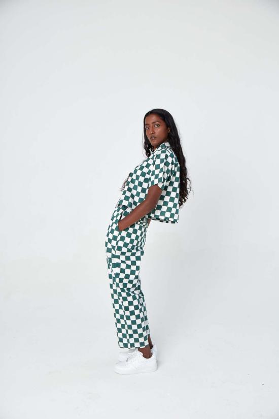  DUSHYANT. 스트레이트 팬츠 두샨트. 핸드 프린트 시마 팬츠 그린/화이트 체스판 무늬 - OTHER BRANDS