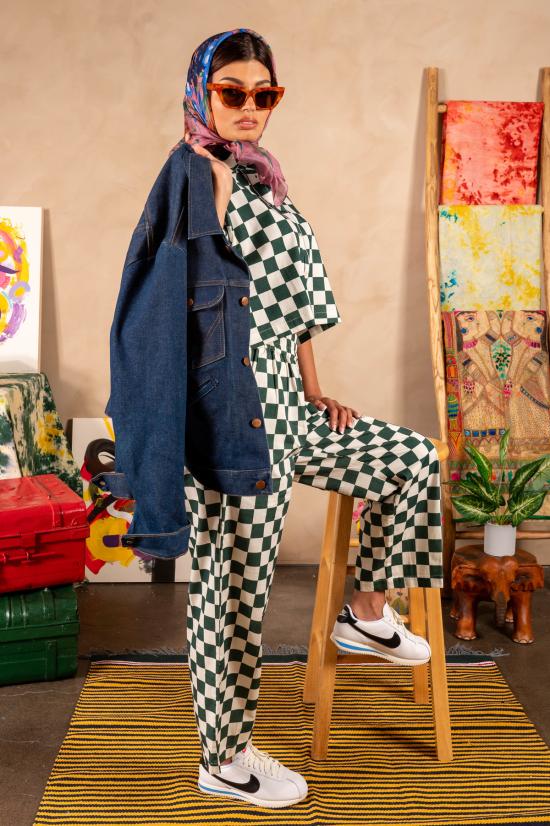  DUSHYANT. 스트레이트 팬츠 두샨트. 핸드 프린트 시마 팬츠 그린/화이트 체스판 무늬 - OTHER BRANDS