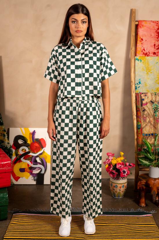  DUSHYANT. 스트레이트 팬츠 두샨트. 핸드 프린트 시마 팬츠 그린/화이트 체스판 무늬 - OTHER BRANDS