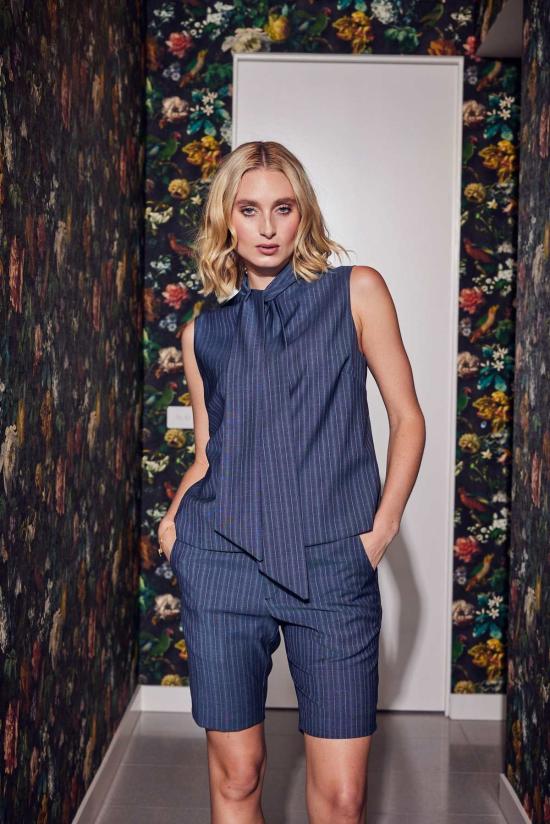  Lindsay Nicholas New York 블라우스 린지 니콜라스 뉴욕 보우  스틸 블루 핀스트라이프 - OTHER BRANDS