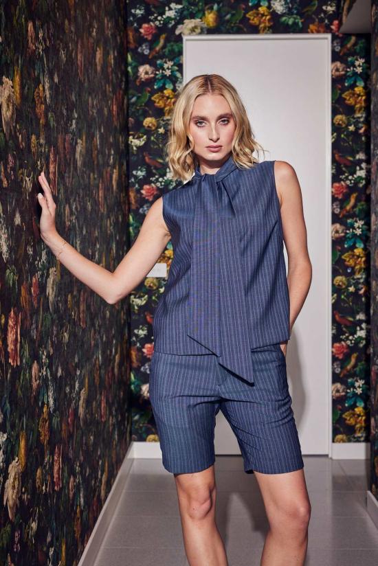  Lindsay Nicholas New York 블라우스 린지 니콜라스 뉴욕 보우  스틸 블루 핀스트라이프 - OTHER BRANDS