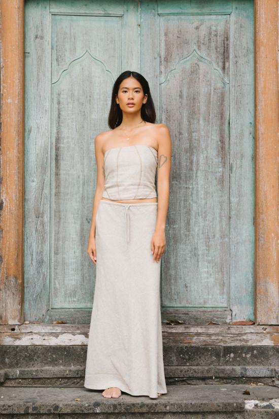  앳 던 민소매 티셔츠 새벽에. 린넨 기하학 무늬 코르셋 멀티 - AT DAWN.