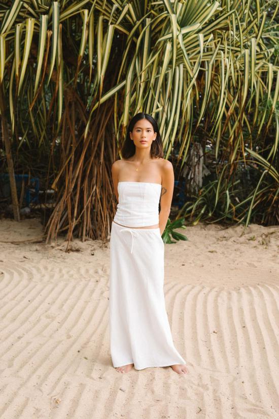  앳 던 민소매 티셔츠 새벽에. 린넨 기하학 무늬 코르셋 멀티 - AT DAWN.