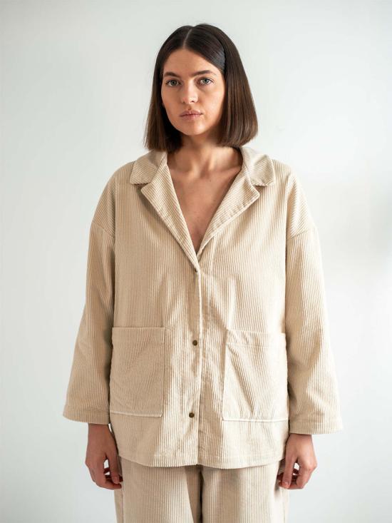  에블린 자켓 A B E L I N E 벨벳 코듀로이 스냅 버튼 앞면 작업용 잠옷 재킷 아이보리