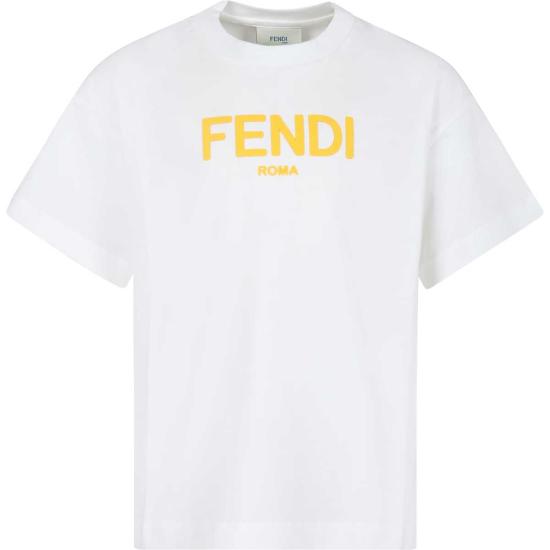  [키즈] 펜디 티셔츠 아동용 티셔츠 (노란색 로고, 흰색)