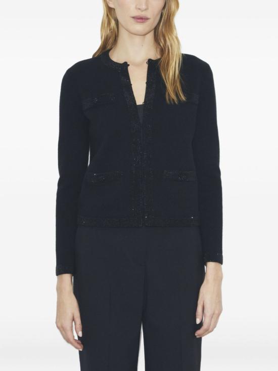  토리버치 스웨터 토리 버치 장식 트림 앞주머니 라운드넥 긴팔  블랙 - TORY BURCH