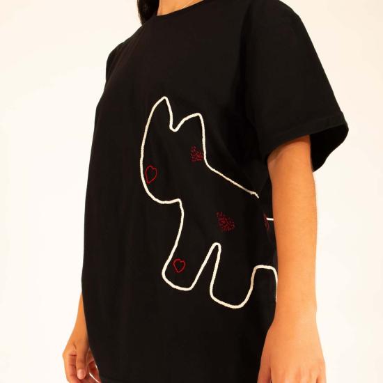  Cats with a Heart 반팔 티셔츠 하트를 가진 고양이 아미가 자수 티셔츠 블랙 - OTHER BRANDS