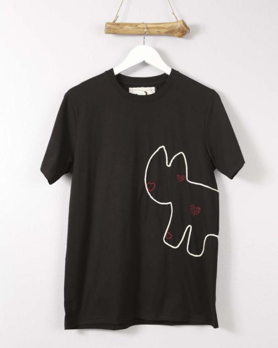  Cats with a Heart 반팔 티셔츠 하트를 가진 고양이 아미가 자수 티셔츠 블랙