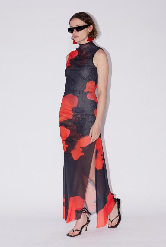  샘디 롱 원피스 플로럴 프린트 메시 드레스 - SAEMDI