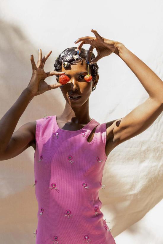  아바카시 숏 원피스 시샤 미니 드레스 버블 테이프 핑크 - ABACAXI