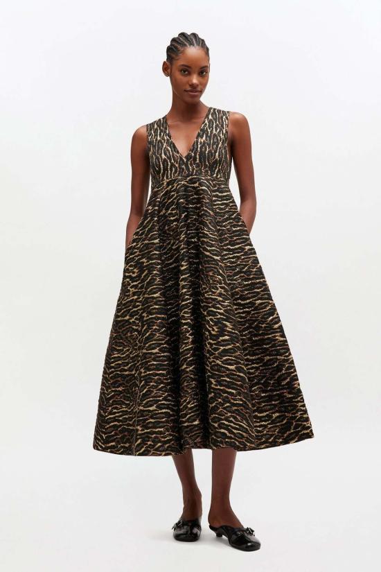  가니 롱 원피스 Ganni 메탈릭 클로크 브이넥 롱 드레스 앤티크 브론즈