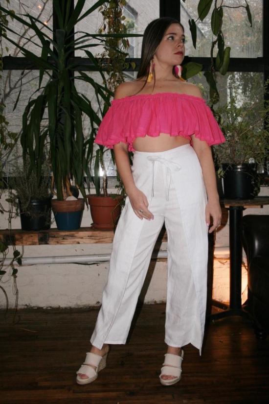  Sir The Label 스트레이트 팬츠 타이 프론트 린넨 퀼로트 화이트