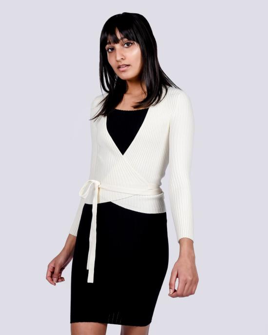  주주 가디건 지우 지우 슈렁큰 리브드 발레 랩 아이보리