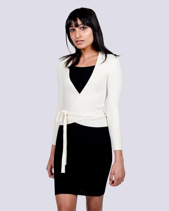  주주 가디건 지우 지우 슈렁큰 리브드 발레 랩 아이보리 - GIU GIU