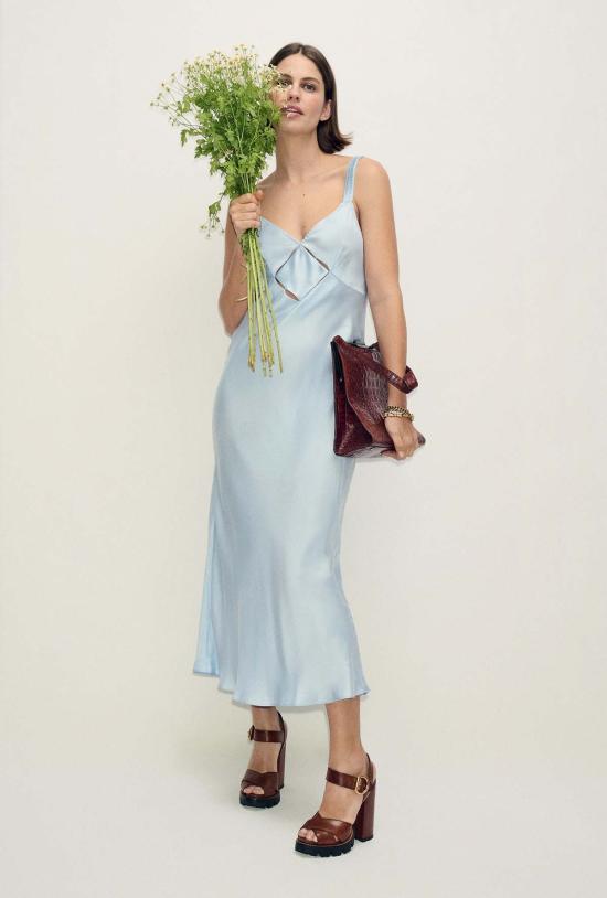  실크 런드리 롱 원피스 다이아몬드 데코 러플 드레스 콘플라워 - SILK LAUNDRY