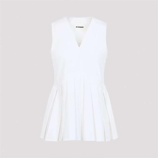  질샌더 블라우스 질 샌더 슬리브리스 A라인 플리츠 탑 옵틱 화이트