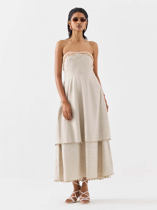  IKKIVI 롱 원피스 이키비 팜 아일랜드 티어드 드레스 오프 화이트