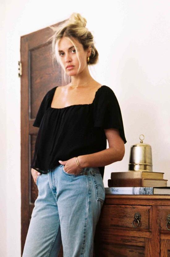  Merritt Charles 블라우스 메릿 찰스 할로우 시폰 실크 탑 블랙