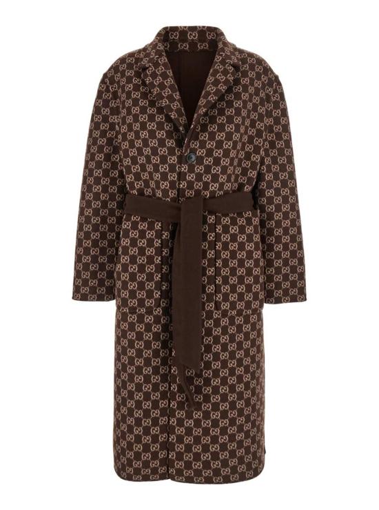  구찌 코트 리버서블 더블 브레스트  (노치드 리버스 및 벨트 포함) 브라운 - GUCCI